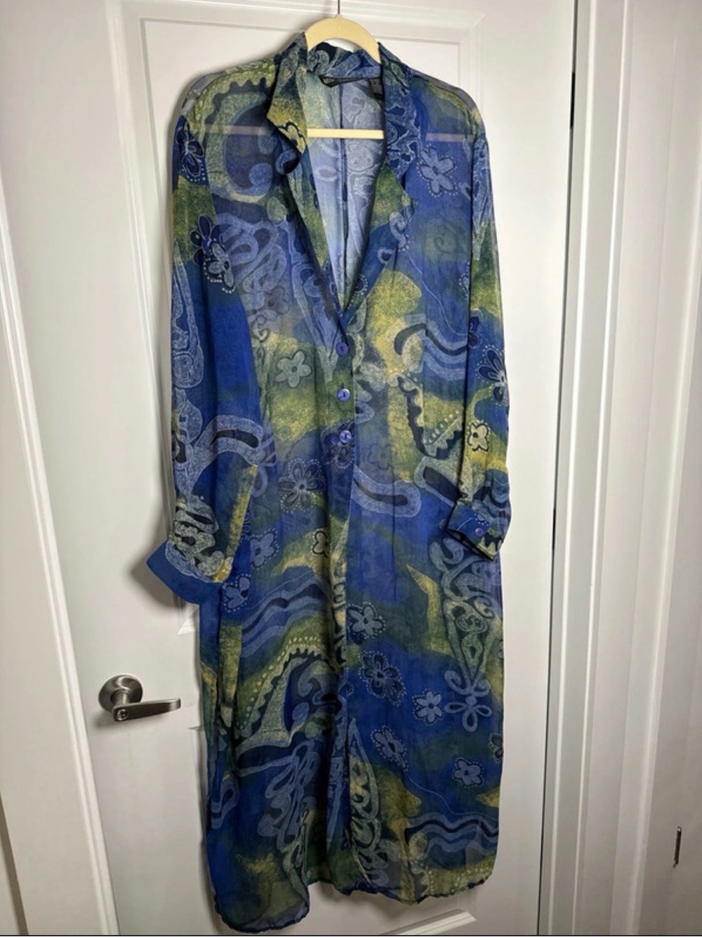 MLLE Gabrielle Plus Size 2X Sheer Floral Duster Kimono Cardigan Blue Yellow gree